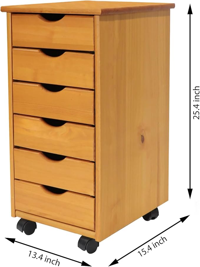 Jela-USA Solid Pine Wood 6 Drawer Rolling Cart, Honey Pine