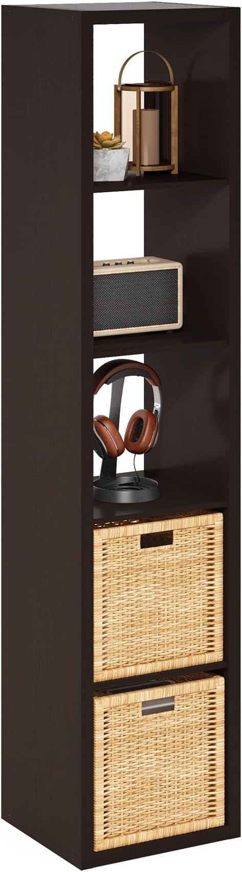 Furinno Cubicle 5-Cube Book Shelf, Extra Thick Frame Bookshelf, Dark Oak | Horizontally & Vertically Reversible Bookcase with Open Back, 14.6" x 16" x 72", for Living Room, Bedroom, Home Office