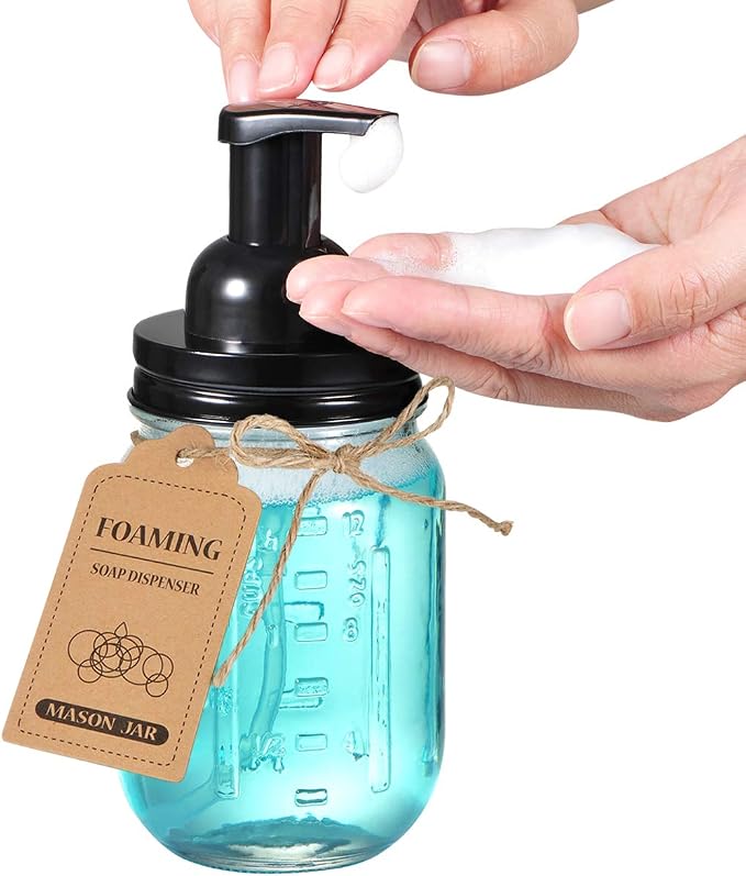 SheeChung Mason Jar Foaming Soap Dispenser-Rustproof Stainless Steel Lid & Foaming Soap Pump, Refill Foam Hand Soap Dispenser Glass for Bathroom Kitchen Vanities, Countertops-Black (1 pk)