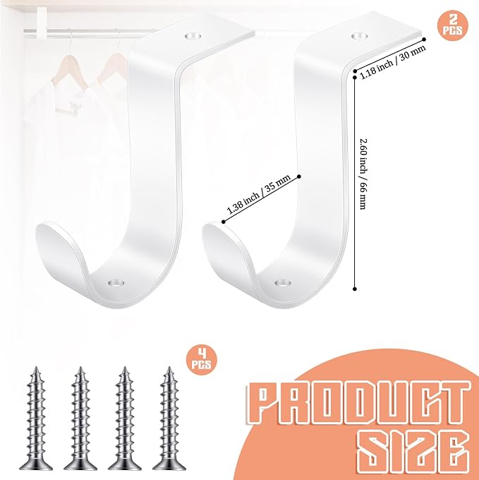 Hicarer 2 Pcs 1.38 Inch Closet Rod Brackets Heavy Duty Metal Wall Mount Rod Brackets with Screws Closet Pole Support for Living Room Bedroom Shelf Office(White)