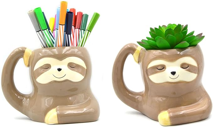 3.9 Inch Ceramic Sloth Shaped Cup Pen Holder Pencil Holder/Sloth Toothbrush Holder Cup Brush Holder Cute Desk Accessories Multipurpose Pot Sloth Gifts Ideal Gifts for Women, Mom or Birthdays