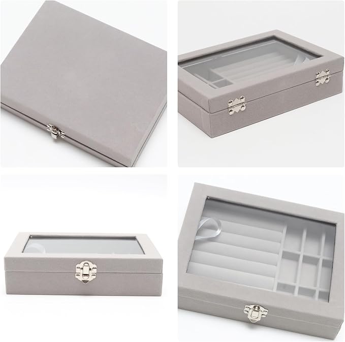 Small Velvet Jewelry Tray with Clear Lid, Lockable Ring Earring Holder Organizer Storage Box Case Jewelry Box Organizer for Rings Earrings Bracelets Brooches, 2-in-1 Gray