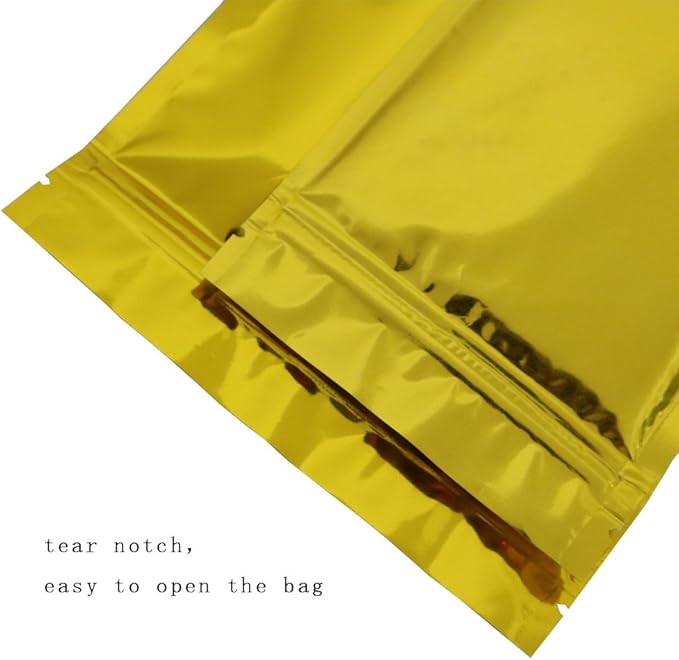 100PCS Customized Resealable Mylar Bag Foil Flat Packaging Bag with Tear Notch,Single-Color Printing for LOGO,QR Code,Text (Gold, 12 * 20CM/4.7"*7.9-100PCS-One Color Print)