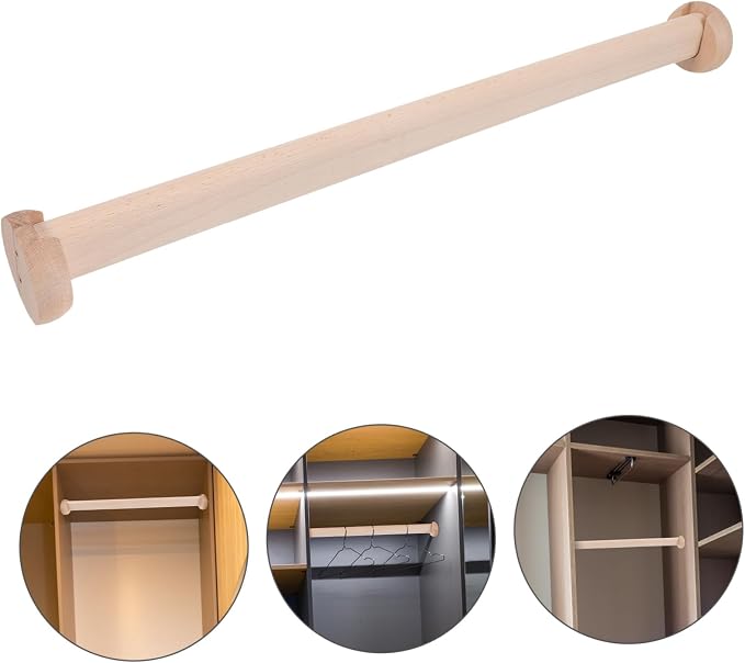 Wooden Closet Rod for Wardrobe 72-144 Inch Adjustable Clothes Hanging Rail Flange Support Solid Beech Wood for Organizing Bedroom and Closet Spaces