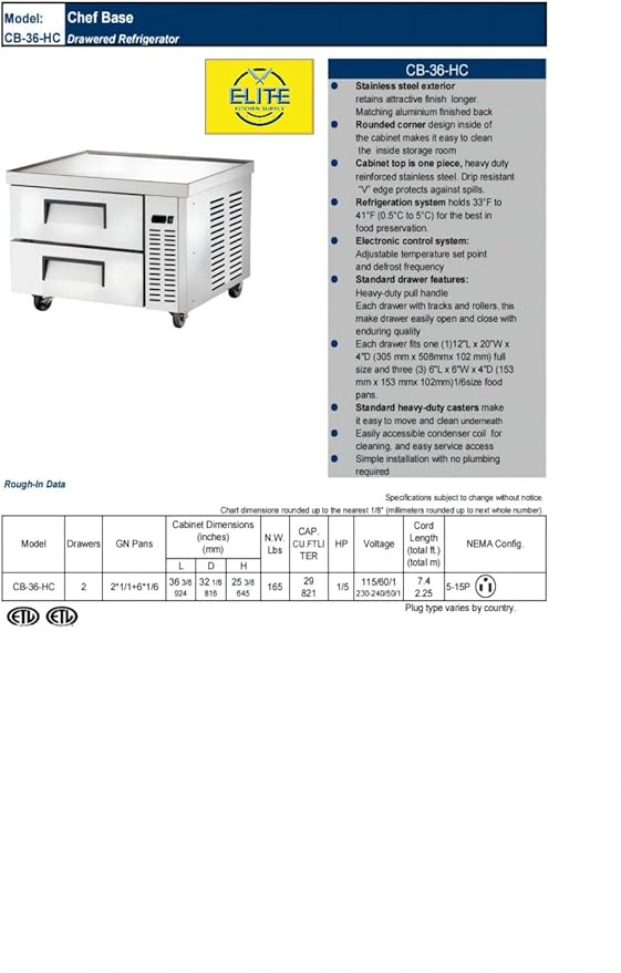 Commercial Chef Base Refrigerator, ETL Fridge Cooler, 36" W 2 Drawer