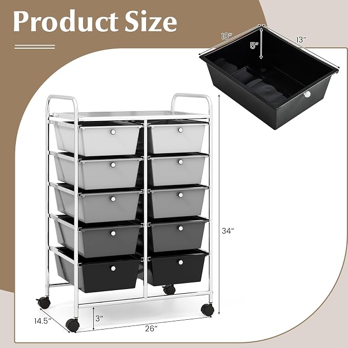 COSTWAY 10 Drawer Rolling Storage Cart, Utility Cart with Lockable Wheels | Mobile Art Supply Craft Organizer with Metal Frame, Multipurpose Drawer Cart for Paper for Office, School, Mixed Black