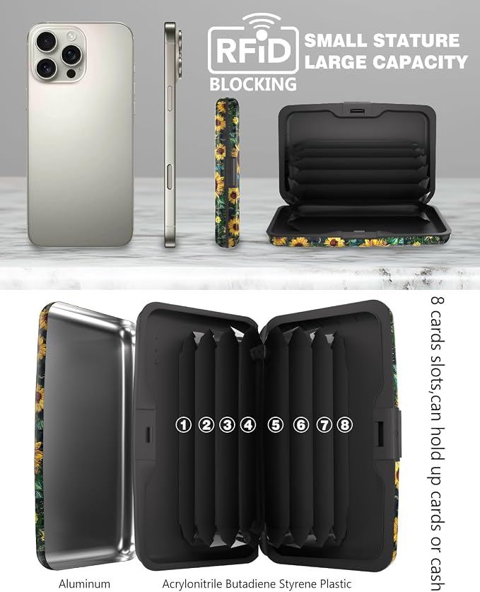Maicican Credit Card Holder, Mini RFID Blocking Aluminum Wallet | Slim Metal Hard Case Travel Wallet ID Case for Women and Men, 4.3 x 2.9 Inches, Starry Sky Sunflowers