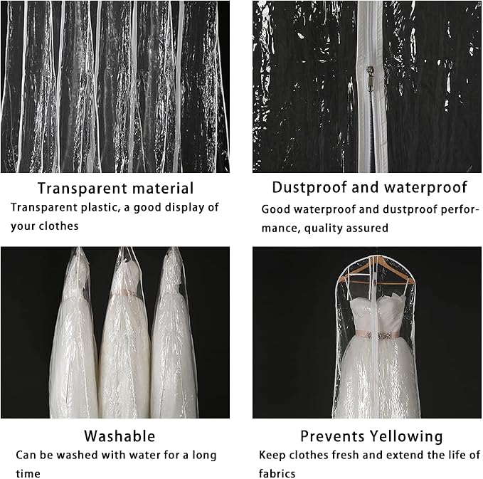 DressGarment Bag, Dirt-Proof Suit Cover Bag with Zipper for Long Dresses, Wedding Dress Garment Bag, Clear Garment Bags for Long Bridal Gown Dress Storage(160cm)