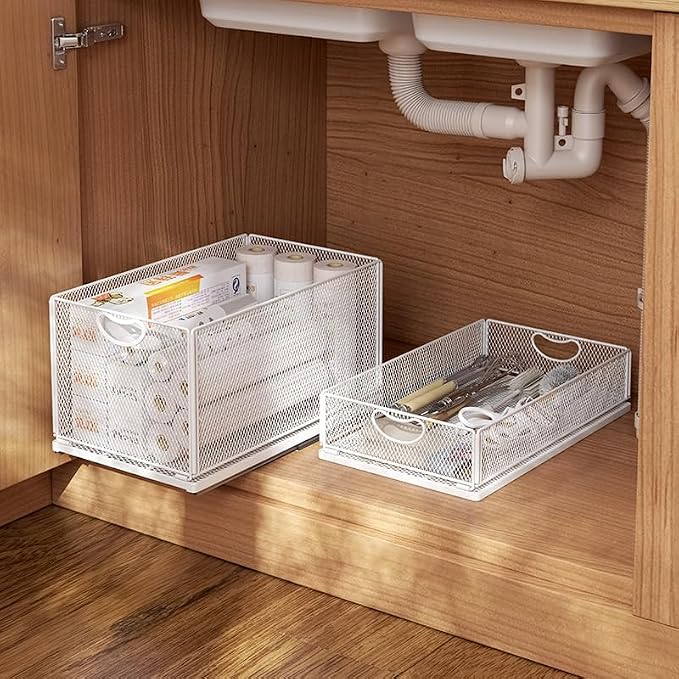 GC Pull out Cabinet Organizer Fixed with Adhesive Nano Film Heavy Duty Slide out Pantry Shelves Drawer Storage under sink organizer Sliding Mesh Cabinet Basket with Handle for Kitchen (Small)