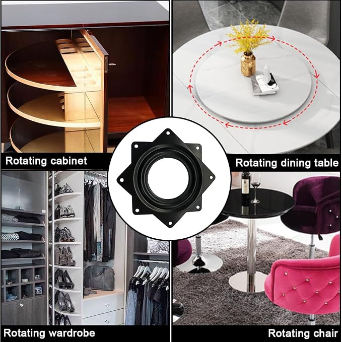 4" Lazy Susan Turntable, 300-lb Heavy Duty Steel Ball Bearing Rotating Tray Swivel Plate Cabinet Low Profile for Dining Table, Stool Chair, Pantry, Organizer (Black)