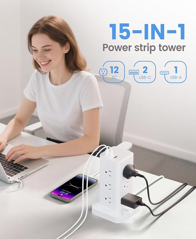 Power Strip Tower with Surge Protector 1800J, Fast Charging Tower PD20W USB-C Ports with 12 AC Outlets, Extension Cord for Home Office Dorm Room, 6ft, White