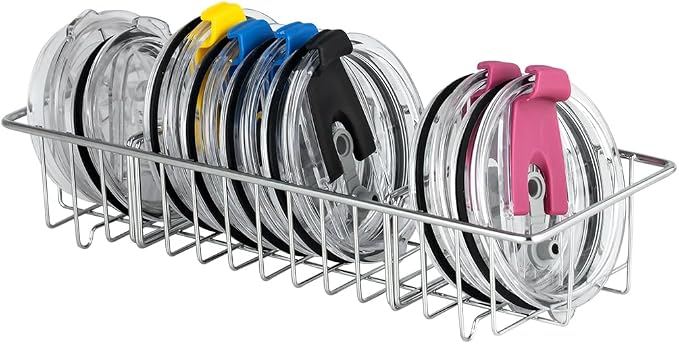 YQh tumbler lid organizer, Stainless Steel Kitchen Container Cover Holder, Cup Lid Organizer, Inner Tumbler Lid Storage Rack in Drawer, 3 Compartments, 304 Stainless Steel, Durable Non-Rusting