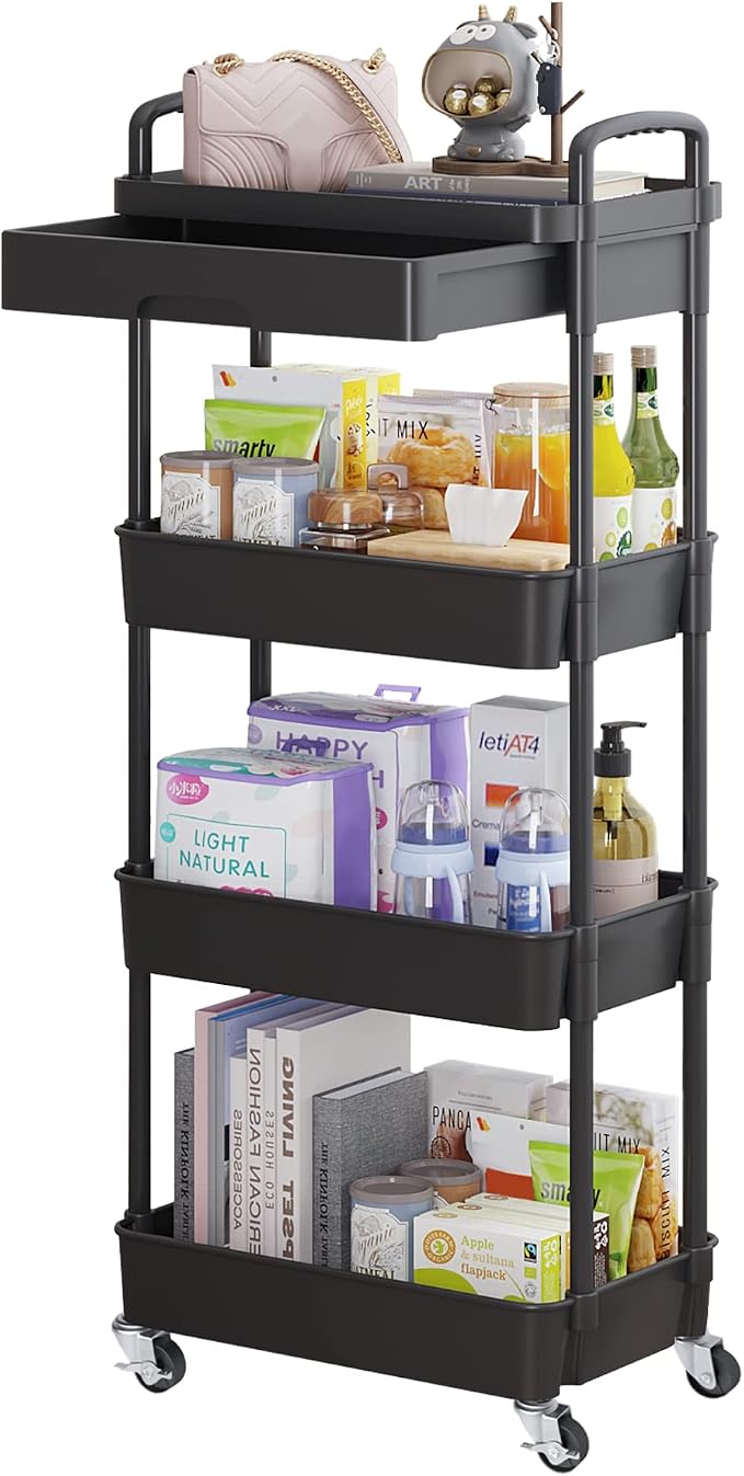 Calmootey 4-Tier Rolling Utility Cart with Drawer,Multifunctional Storage Organizer with Plastic Shelf & Metal Wheel,Storage Cart for Kitchen,Bathroom,Living Room,Office,Black | Space-Saving Organizer, Sturdy Plastic Shelves, Smooth-Rolling Metal Wheel...