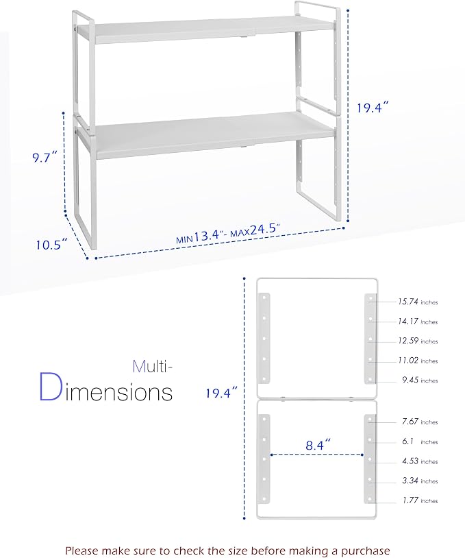 Nxconsu Expandable Cabinet Shelf Organizer Riser, 10.5" 2 Pack White | Heavy-Duty Steel Expandable Shelf Holds 50 lb, 5-Level Stackable Riser for Kitchen Cabinet Cupboard Pantry Counter Under Sink