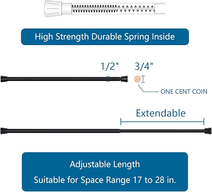 TYRON Curtain Tension Rod 17 to 28 Inch, Adjustable Spring Loaded Curtain Rod, Expandable Window Curtain Rod Tension for Kitchen, Wardrobe, Cupboard, Closet (Black, 4 Pack)