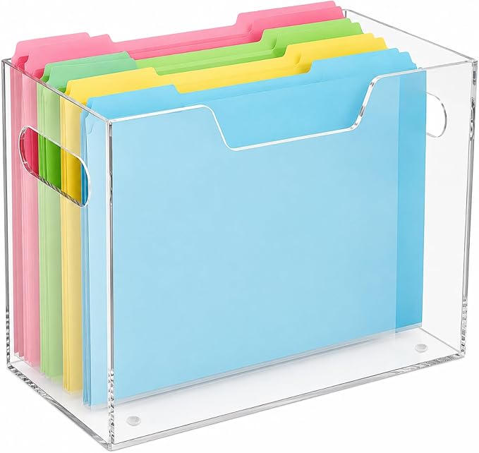 Acrylic File Organizer Box with Handles, Clear | Desktop File Organizer, For Letter Size and A4 Folders, Portable Folder Holder, Includes 4 Non-Slip Pads