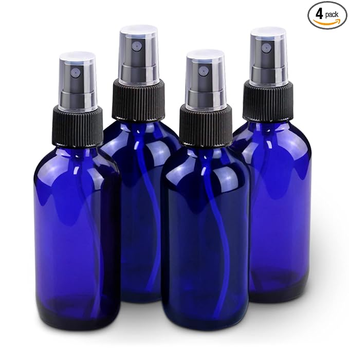 Wedama Mini Glass Spray Bottles 2 oz, Empty with Funnel Dropper, Fine Mist for Hair, Travel, Plants, Cleaning Solutions and Skin Care (4 Pack Blue)