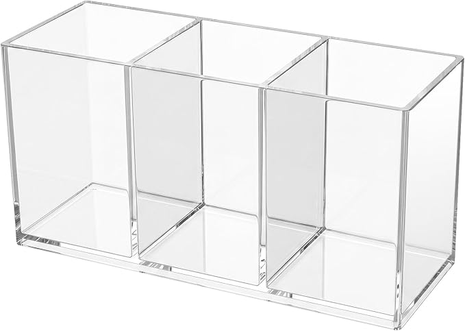 Clear Acrylic Pencil Holder, 3 Compartment Cup Pen Holder for Desk | Desk Organizer for Office School, Makeup Brush Holder for Girls