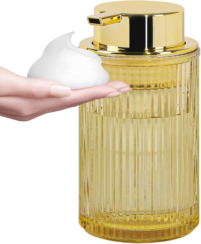 Foaming Soap Dispenser, 12 Oz Amber Glass Foam Hand Soap Dispenser, Refillable Lotion Soap Dispenser with Removable Pump for Kitchen Hand Wash Dispenser, Modern Slim Ribbed Bottle for Decor
