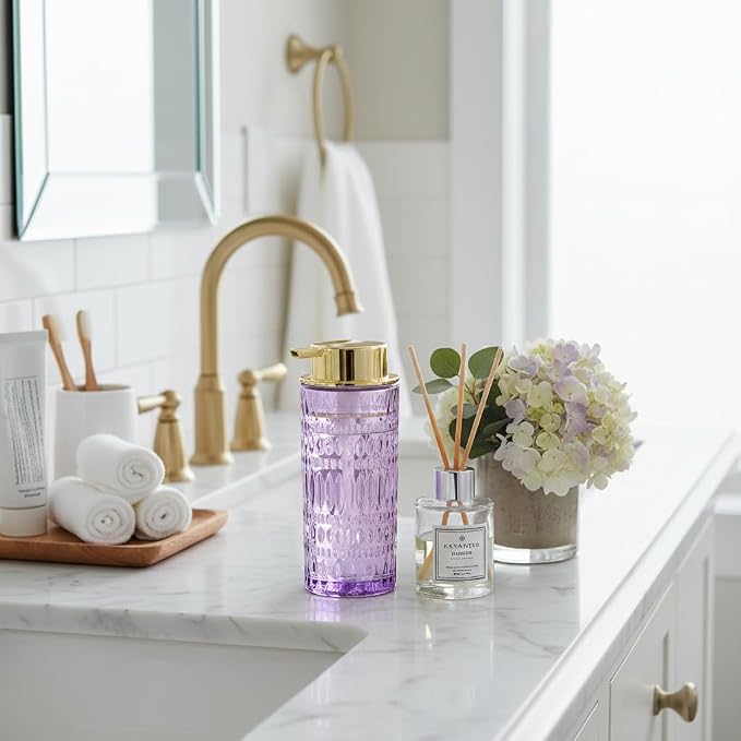 Foaming Soap Dispenser, Purple Glass Soap Dispenser, 14 Oz Refillable Foam Soap Dispenser Pump Bottle Container for Bathroom Kitchen Countertop Decor