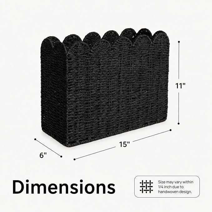 Black Paper Rope Magazine Holder, Tall Narrow Scalloped Basket | Handwoven Black Paper Rope Basket for Magazine Storage, Book Basket, Mail Organizer, File Holder 15"L x 6"W x 11"H