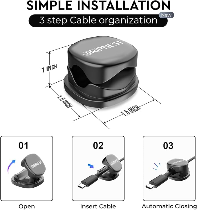 Cable Clips, 8 Pack Rotatable Cord Organizer with Adhesive | Strong Adhesive • 360° Rotatable • Secure Cable Management • For Desk, Car & Nightstand