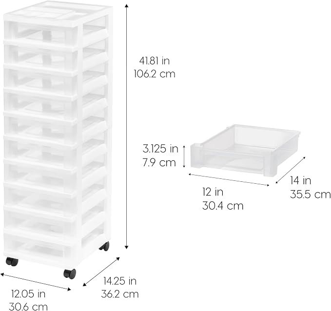 IRIS USA 10-Drawer Rolling Storage Cart, White/Clear | Keep craft supplies, office essentials, classroom items, and accessories organized with easy-access drawers for daily use