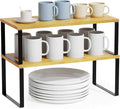 SpaceAid Cabinet Shelf Organizers 2 Pack, Kitchen Counter Rack Shelves Riser, Stackable Expandable Spice Rack, Pantry Cupboard Storage Organization (Black and Natural, Long)