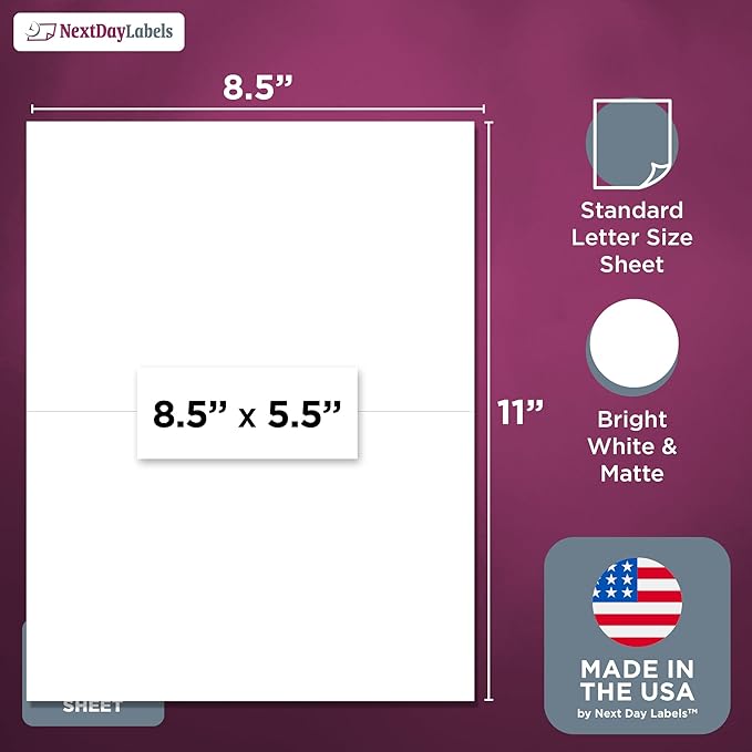 NextDayLabels 8.5x5.5 Half Sheet Stickers White Blank Labels for Laser Inkjet Printer - 2 Per Page Self-Adhesive Shipping Packaging Product Made in USA - 1000 Labels