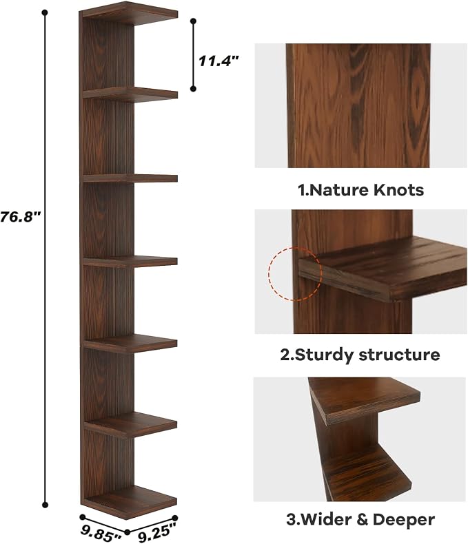 LitaEther Wood Wall Shelf Units,7 Tier Lack Floating Shelves,Rustic Bookshelf for Home, Bedroom, Living Room