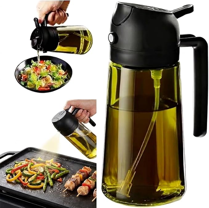 16oz Glass Olive Oil Sprayer for Cooking, 2 in 1 Oil Dispenser, Food Grade Premium Spray Bottle with Portion Control for Salad, Frying, BBQ (Black)