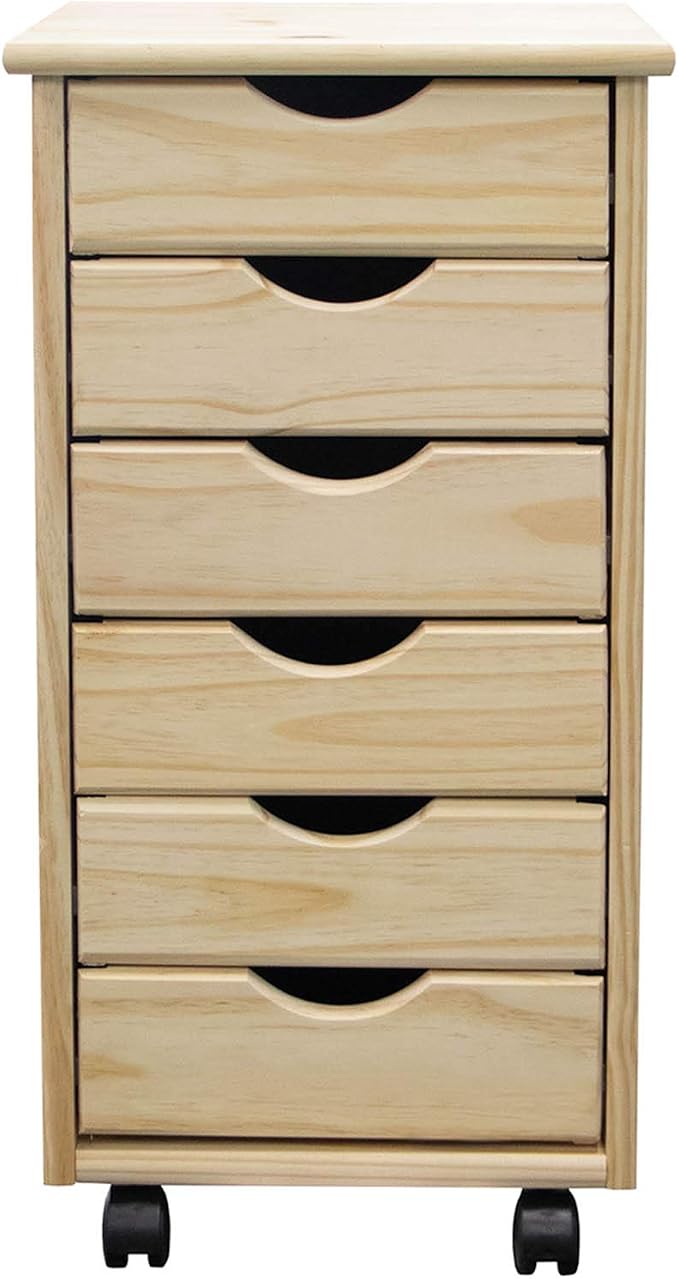 Jela-USA Solid Pine Wood 6 Drawer Rolling Cart, Natural