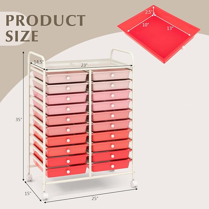 LDAILY 20-Drawer Rolling Storage Cart, Rolling Storage Cart, Storage Organizer on Wheels, Metal Frame, Scrapbook Paper Tools, Suitable for Office School, Classroom (Gradient Pink, 20 Drawer)