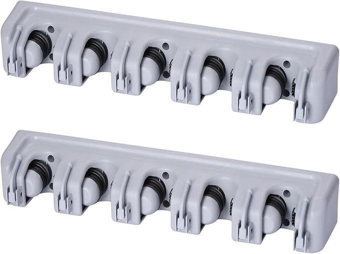 TOGU 2 Pack Mop and Broom Holder Wall Mounted 5 Position Storage Rack with 6 Retractable Hooks Holds up to 11 Tools Utility Weatherproof Holder for Garage Storage Systems Broom Organizer,Gray