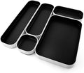 Three by Three Seattle Metal Drawer Organizer Tray Set, 5-Pc, 1" (Black) | Colorful 1" metal bins; food-safe; soft non-scratch base; kitchen, bathroom, vanity, desk & office drawers