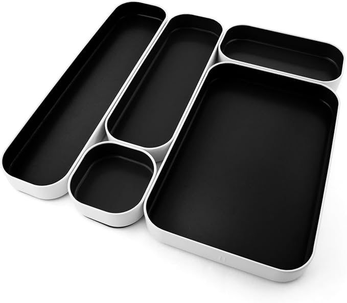 Three by Three Seattle Metal Drawer Organizer Tray Set, 5-Pc, 1" (Black) | Colorful 1" metal bins; food-safe; soft non-scratch base; kitchen, bathroom, vanity, desk & office drawers