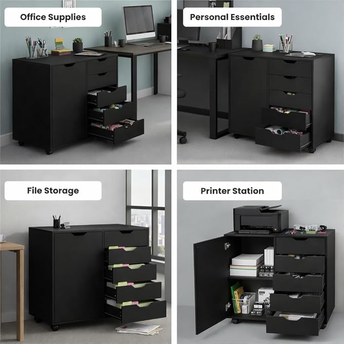 Naomi Home Wooden 5 Drawer Office File Cabinet with Shelves and Wheels, Mobile Storage Cabinet with Drawers for Home Office, Ideal for Under Desk or Printer Stand Use in Black
