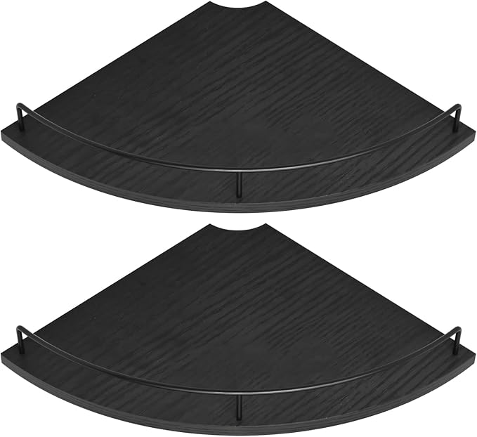 Corner Floating Shelves, Rustic Brown Wood, Set of 2, Wall Mount Storage with Guardrail for Bathroom Kitchen Living Room (Black)