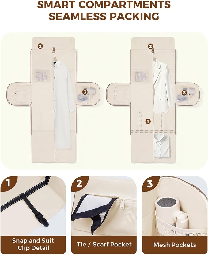 WANDF Convertible Garment Bags for Travel with Wet Pocket Carry on Garment Duffle Bag 2 in 1 Puffy Hanging Clothes Travel Bags with Shoe Compartment for Airplanes Business Weekend Gym Wedding (Khaki)