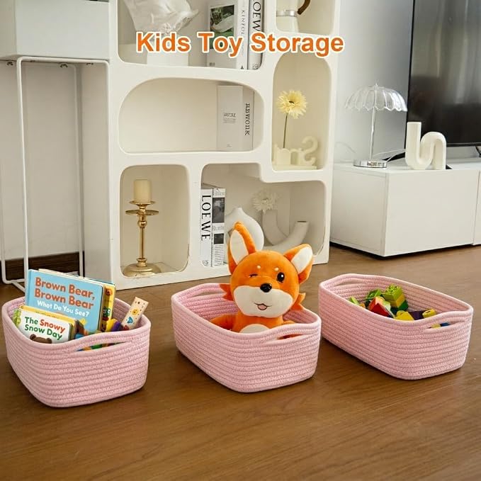 Small Storage Baskets for Organizing, Woven Storage Bins for Shelves, Gift Basket Empty, Cute Decorative Closet Organizer, Baby Rope Basket, Dog Toy Storage, 11x7.5x4.5”, 3Packs Pink