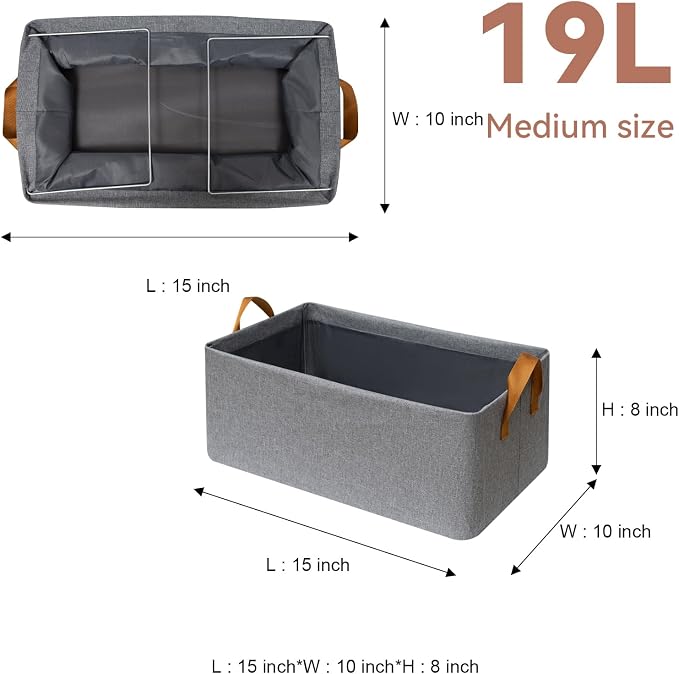 4 Pack Closet Cloth Storage Bins with Handles （ Gray 15''L x 10''W x 8''H）