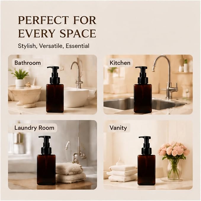TMLECE 15oz/450ml Square Foaming Soap Dispenser Bottles(4 Pack) | BPA-Free PETG, Glass-Like Appearance, Rich Foam Pump with Leak-Proof Locking Design for Hand Soap, Cleanser & Body Wash,Brown