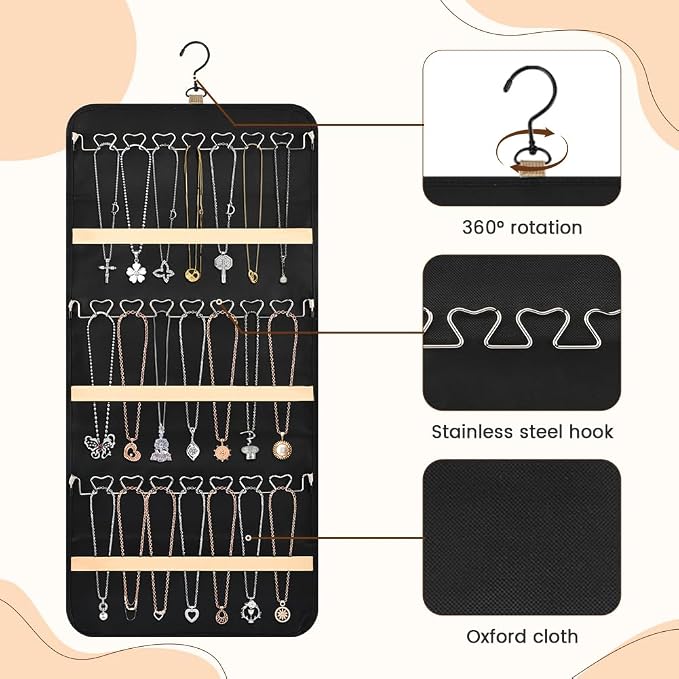 Hanging Jewelry Organizer Storage Roll with 48pcs Pocket Double Sided Rotating Hanger Necklace Hanging Wall Organizer with Hanger Hooks(COLOR:Black)