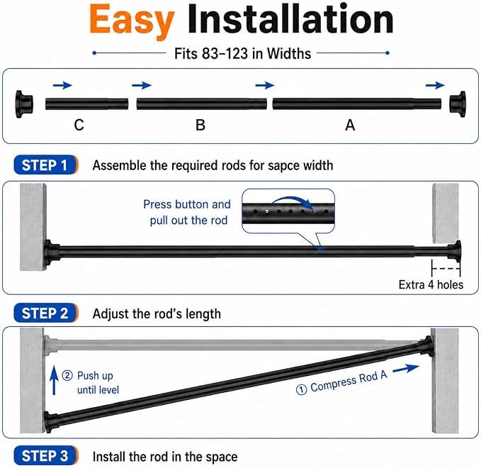 ALLZONE Tension Curtain Rod for Window, 83-123 Inches, Heavy Duty Curtain Rods No Drilling, Non-Slip Bathroom Shower Tension Rod, Renter Friendly, Adjustable, Spring Loaded, Extra Long, Black