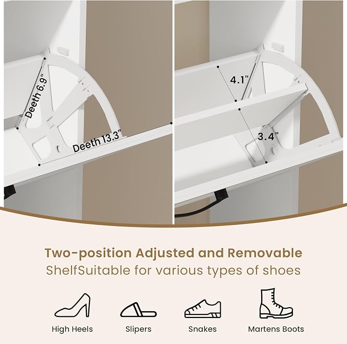 Shoe Cabinet Organizer with 2 Flip Drawers, Farmhouse Narrow Shoe Storage Cabinet with 2 Adjustable Shelves & 2 Hooks, 23.6"W x 8.7"D x 41.8"H Shoe Rack for Entryway, Foyer, Hallway, White