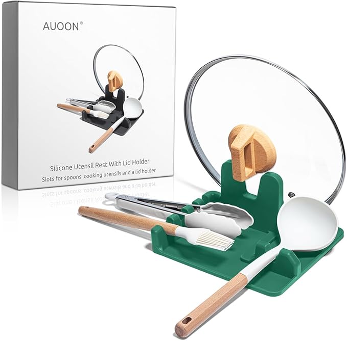 Auoon Silicone Spoon Rest with Lid Holder, 3-in-1 Kitchen Utensil Rest for Soup Ladles, Pot Lids, Spatulas, Spoons, Tongs, BPA Free & Dishwasher Safe, 8.26 x 8.06 Inch (Sea Blue, Large)