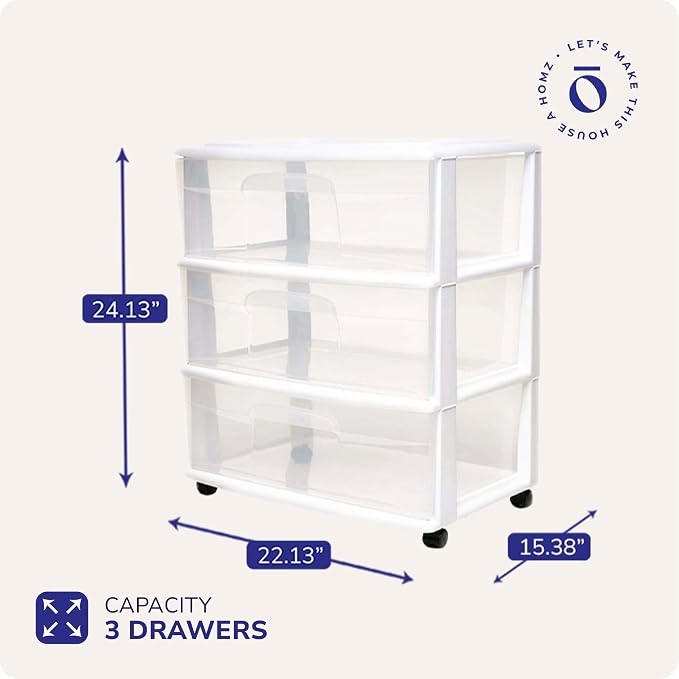 HOMZ Drawer Tower, 3-Tier Wide Rolling Storage Cart with Removable Wheels, White Frame – Plastic Organizer with Clear Bin Drawers for Bedroom, Bathroom, Home Office, and Dorm Room