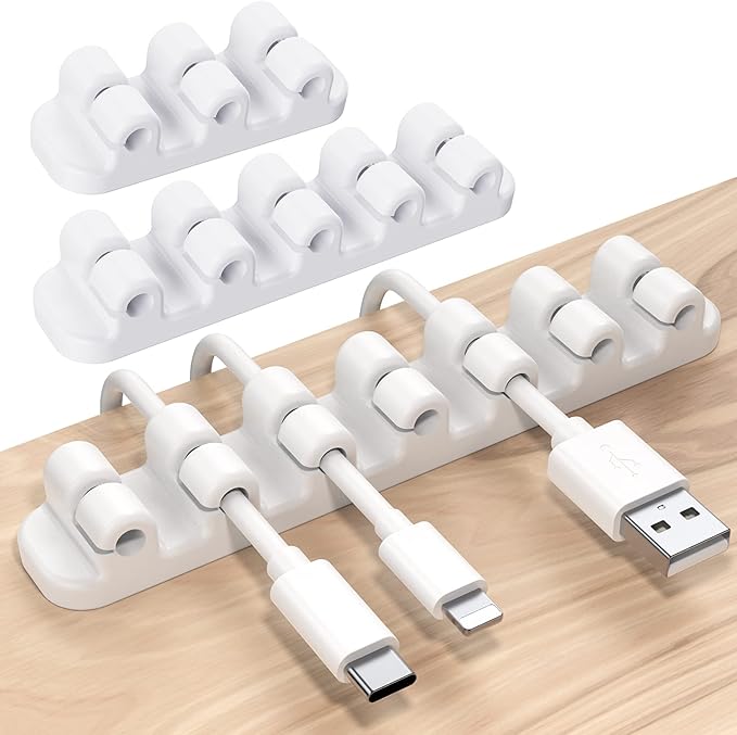 SOULWIT Upgraded Cable Holder, Cable Management Cord Organizer Clips Silicone Self Adhesive for Desktop USB Charging Cable Power Cord Bedside Wire PC Office Home (3/5/7 slot,White)