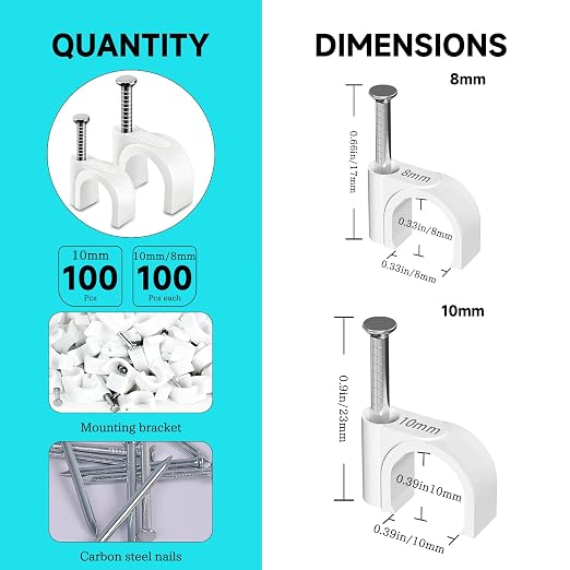 100PCS Cable Staples,10mm Cable Clips White,Cable Wire Clips Nail in Clips for Round Ethernet Cables Wall Clips Cable Tacks Electrical Wire TV Cable Speaker Wire Coax Clips (100Pcs 10mm)