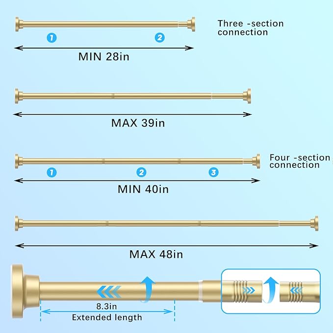 AIZESI Tension Curtain Rod 28 to 48 Inch, 1pcs Tension Rod 1 Inch Diameter Gold Small Shower Curtain Rod Adjustable Non-Drilling, Anti-Slip, Anti-Rust Spring Loaded Curtain Rods